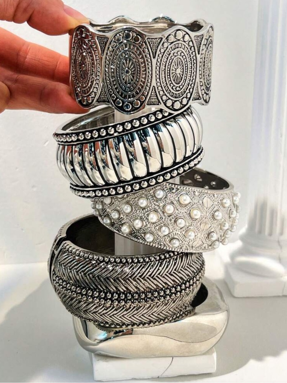 Silver Faux Pearl Bangle Bracelet